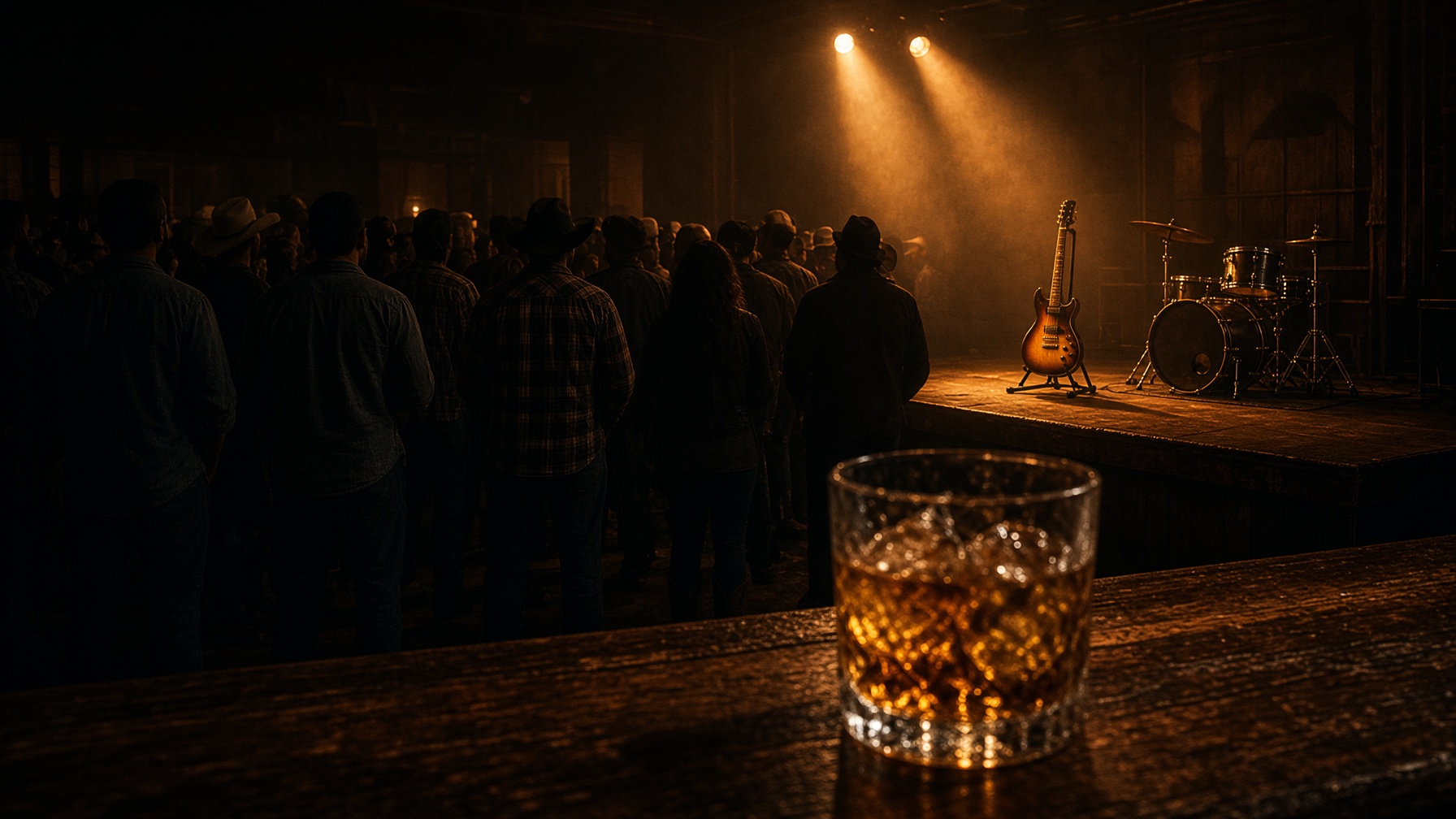 A packed room faces a lit stage, a whiskey glass waiting on the bar.